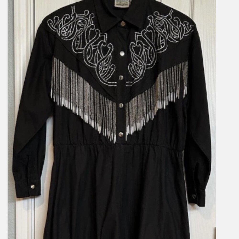 Vintage Tillman Black Western Beaded Fringe Dress Womens S Embroidered Silver